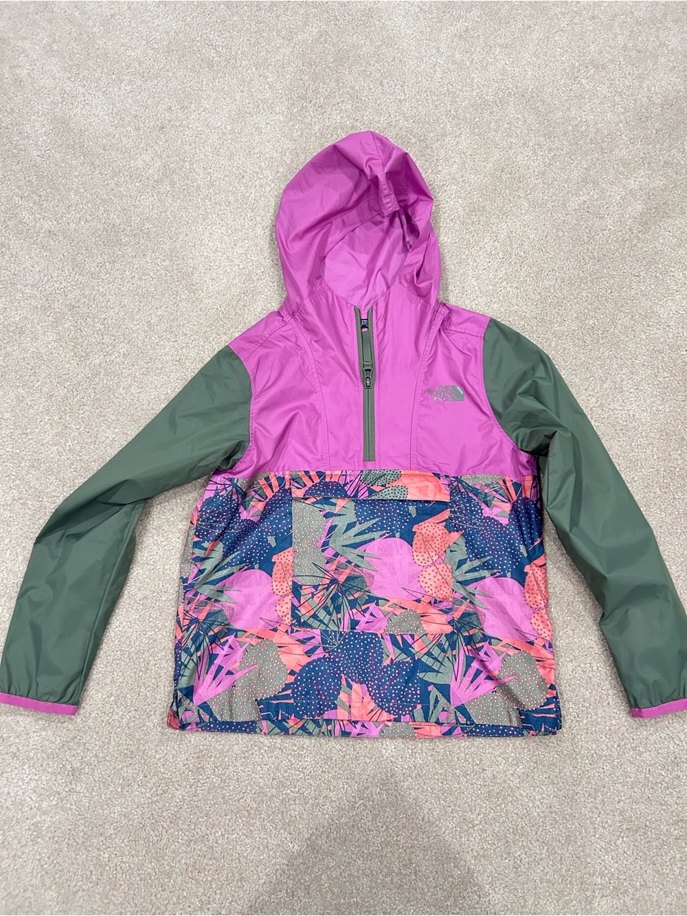 The North Face Girls' Pink & Green Printed Hooded Windbreaker Jacket